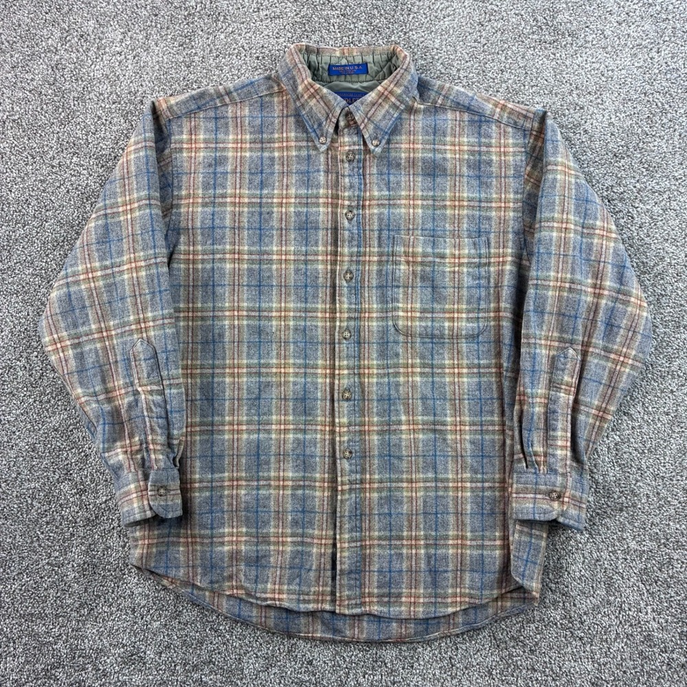 Vintage Pendleton Flannel Shirt Boys L Gray Wool Plaid Button Down USA Made